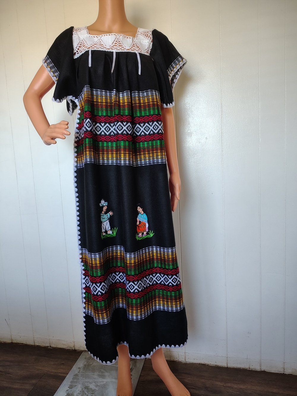 Black Tunic Embroidered Dress with Colorful Folk Pattern